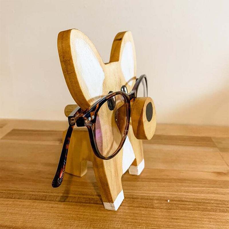 "Unikt trä glasögonställ med djurdesign som corgi och katt, perfekt för hemmet. Dekorativ och funktionell inredningsdetalj."