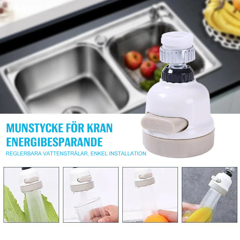 "Unisex 360° ABS munstycke för kök med justerbara spraylägen och enkel installation, vit plast och silverdetaljer."