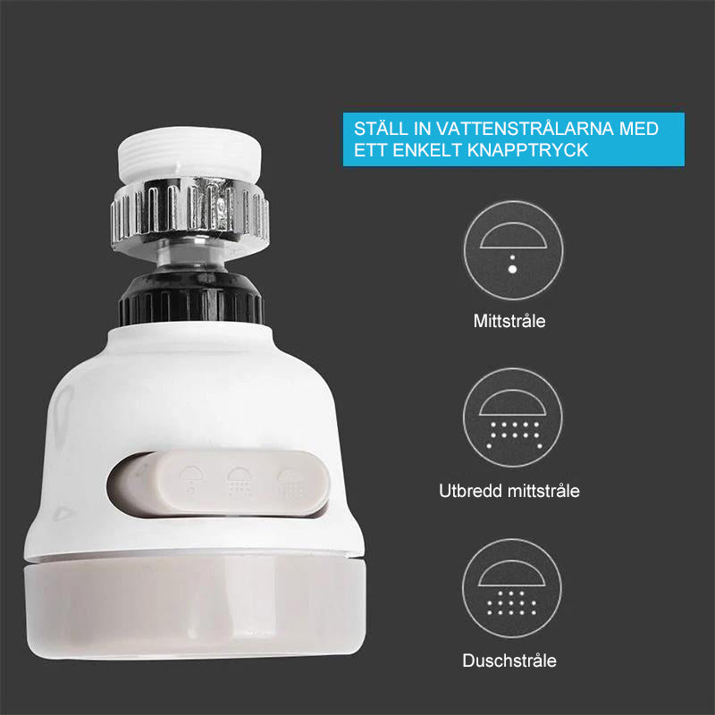 "Unisex 360° ABS munstycke för kök med justerbara spraylägen och enkel installation, vit plast och silverdetaljer."