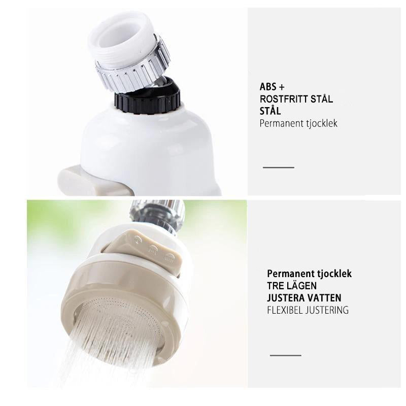 "Unisex 360° ABS munstycke för kök med justerbara spraylägen och enkel installation, vit plast och silverdetaljer."