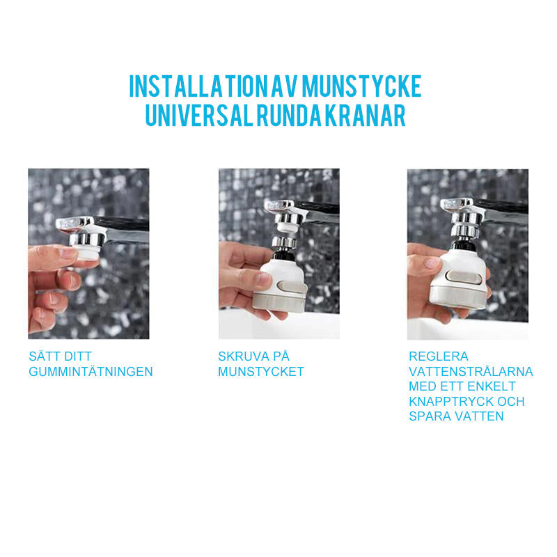 "Unisex 360° ABS munstycke för kök med justerbara spraylägen och enkel installation, vit plast och silverdetaljer."
