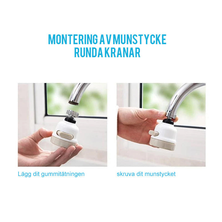 "Unisex 360° ABS munstycke för kök med justerbara spraylägen och enkel installation, vit plast och silverdetaljer."