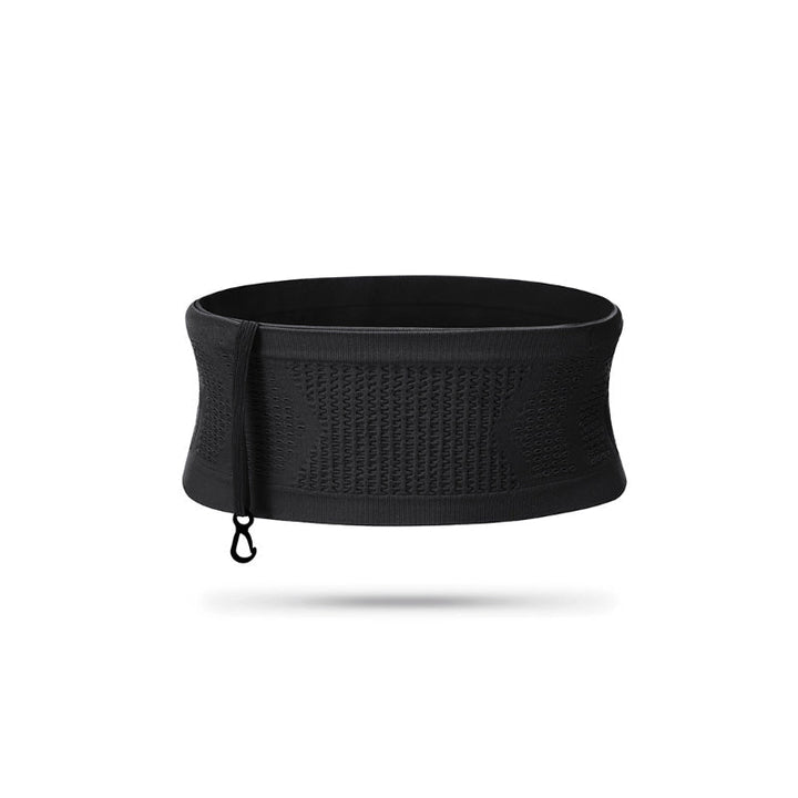 "Unisex andningsbar stickad midjeväska i grått, ergonomisk design med fyra flexibla fickor och justerbart bälte för sport."