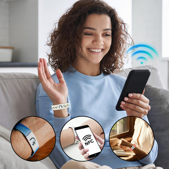 "Unisex bibelarmband med NFC-funktion, justerbart polyesterband, flerfärgat. Stilfullt och meningsfullt accessoarval."