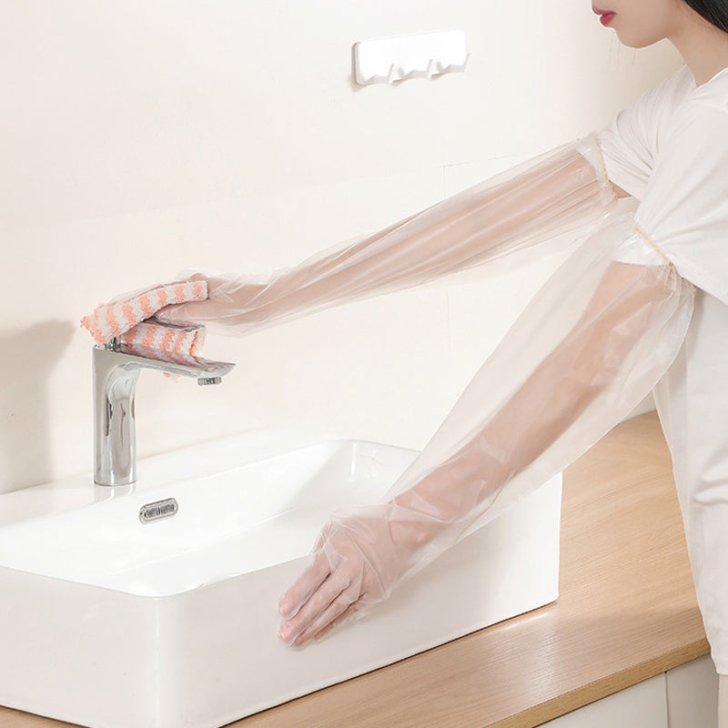 Unisex engångshandskar i plast, extra långa 60 cm, skyddar händer och armar. Perfekta för veterinär- och städarbete.