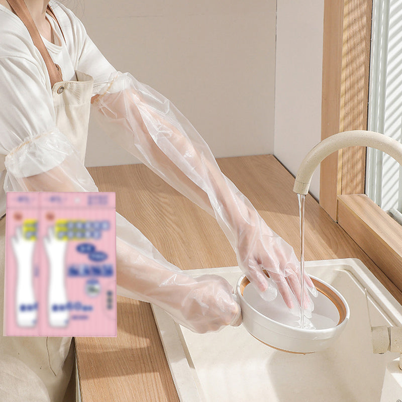 Unisex engångshandskar i plast, extra långa 60 cm, skyddar händer och armar. Perfekta för veterinär- och städarbete.