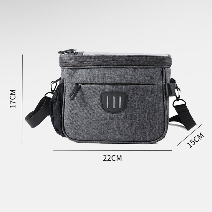 Unisex grå cykelväska med reflexremmar, rymlig design för nödvändigheter, lätt montering, stilren och säker.