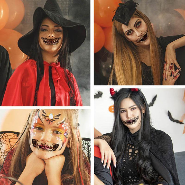"Unisex Halloween temporär tatuering 10-pack – färgglada, realistiska tatueringsklistermärken för armar och ansikte"