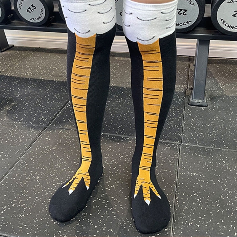 "Unisex kycklingbenstrumpor, bomull, humoristisk design, över/under knäet, svart/rosa/vit, accessoarer, EU storlek 37-43."