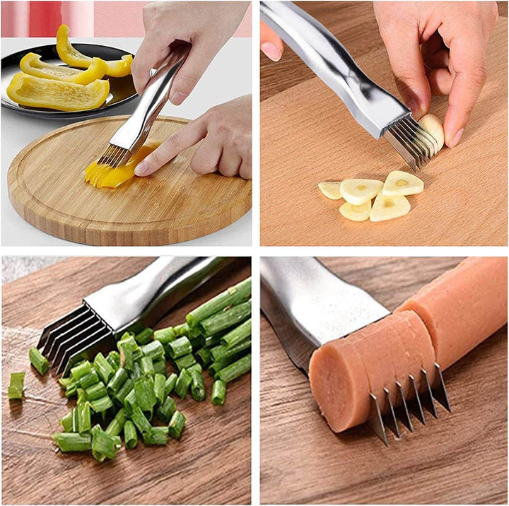 Stilren lökhackare i blankt rostfritt stål, en modern och praktisk köksaccessoar.