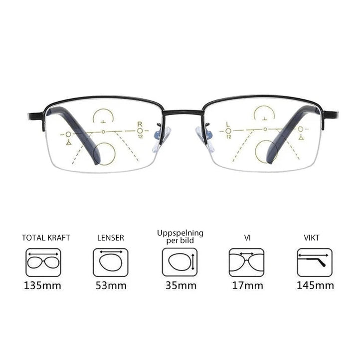 Unisex progressiva läsglasögon i titan, elegant design, anti-blått ljus, bekväma och lätta att bära.