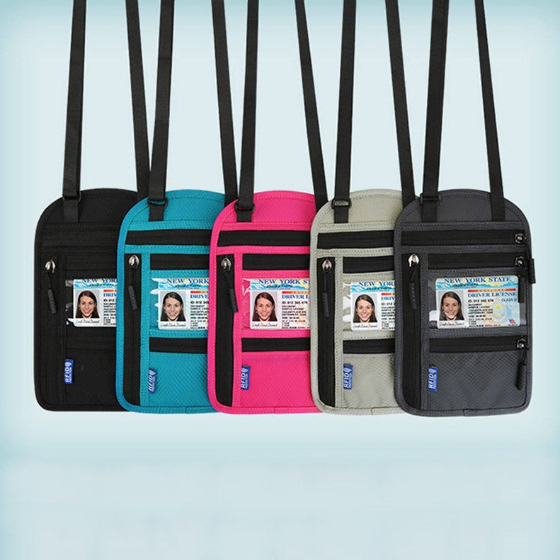 "Unisex resehalspåse i svart nylon med RFID-blockering, flera fack och vattentåliga egenskaper, perfekt för resor."