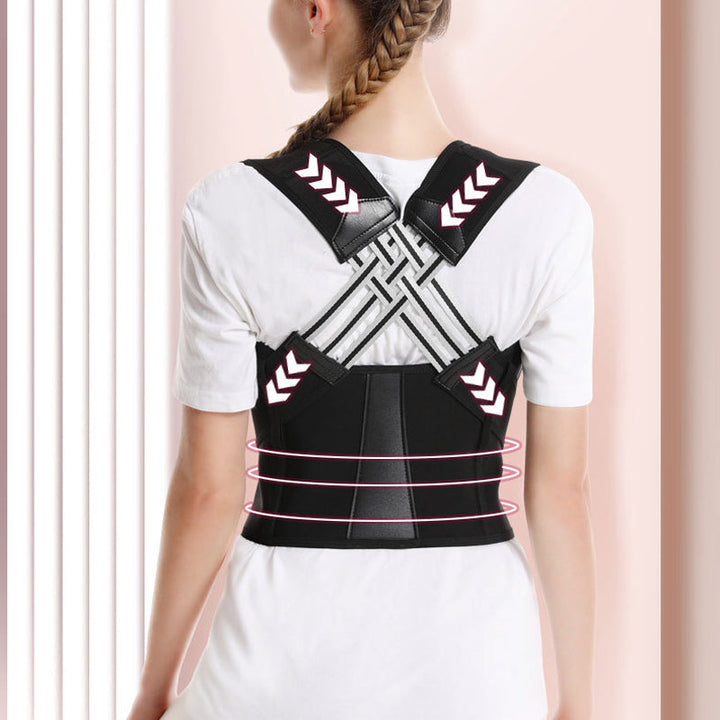 "Unisex rygghållningskorrigerare svart med justerbara remmar, bekväm och diskret under kläder för bättre hållning."