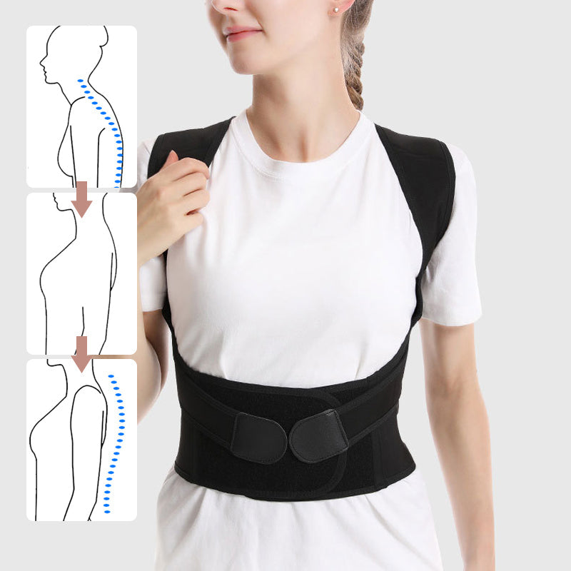 "Unisex rygghållningskorrigerare svart med justerbara remmar, bekväm och diskret under kläder för bättre hållning."