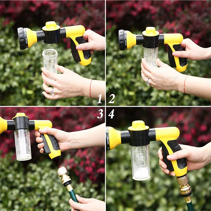 Unisex skumspruta med justerbar spraystråle för enkel rengöring av bilar och motorcyklar, ergonomisk och kompakt design.