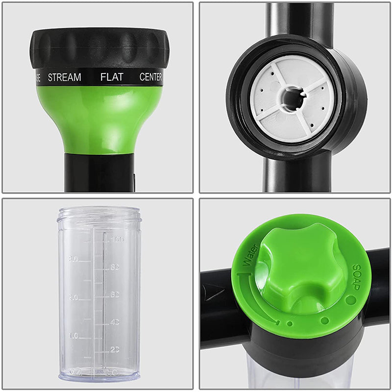 Unisex skumspruta med justerbar spraystråle för enkel rengöring av bilar och motorcyklar, ergonomisk och kompakt design.