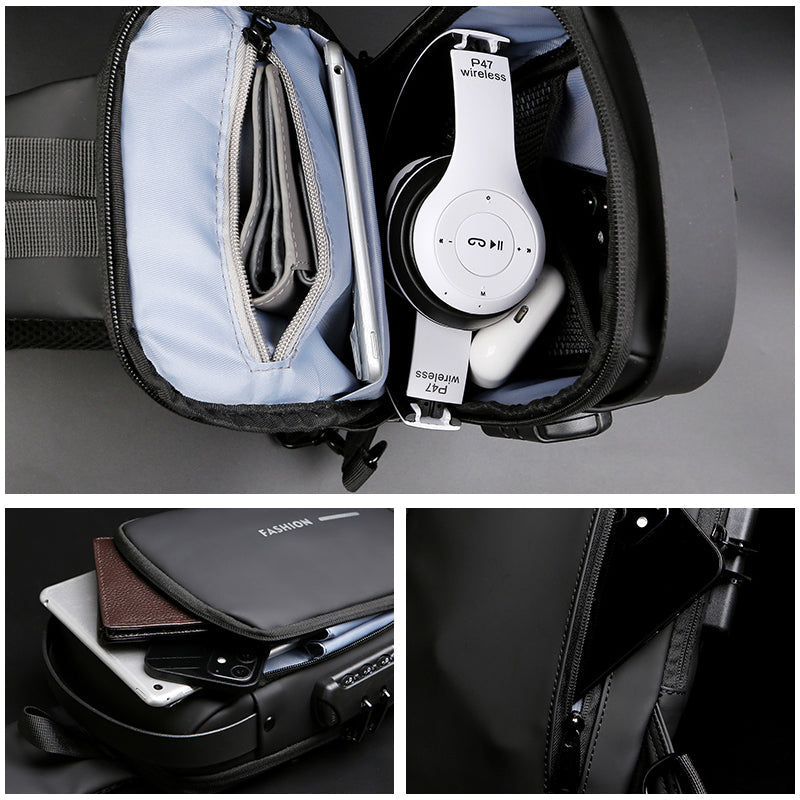 "Unisex stöldskydd bröstväska i svart PU, reflekterande detaljer, framifrån, säker och stilren för dagligt bruk."