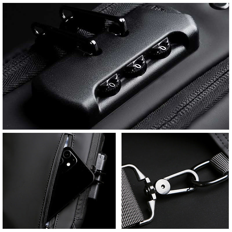 "Unisex stöldskydd bröstväska i svart PU, reflekterande detaljer, framifrån, säker och stilren för dagligt bruk."