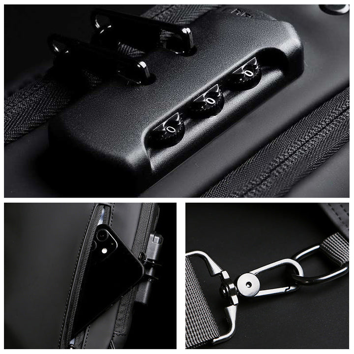 "Unisex stöldskydd bröstväska i svart PU, reflekterande detaljer, framifrån, säker och stilren för dagligt bruk."