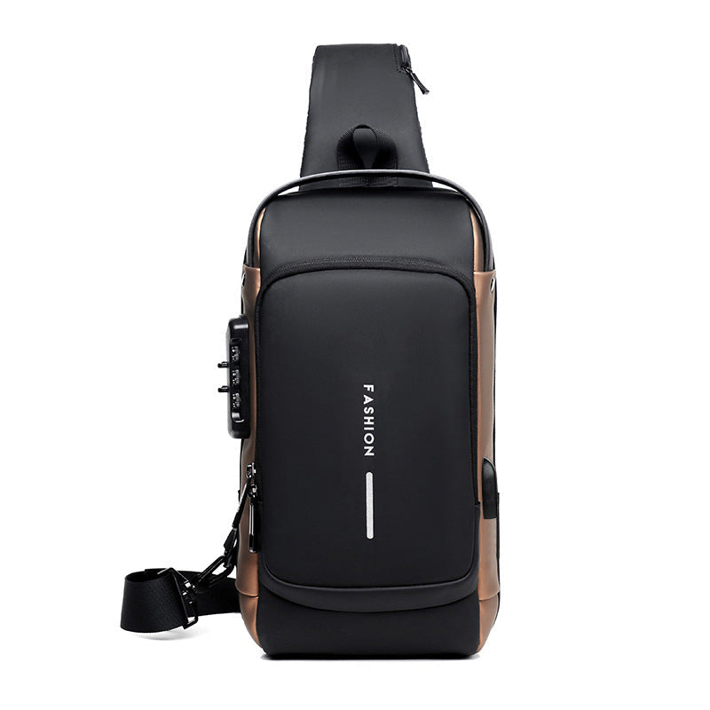 "Unisex stöldskydd bröstväska i svart PU, reflekterande detaljer, framifrån, säker och stilren för dagligt bruk."