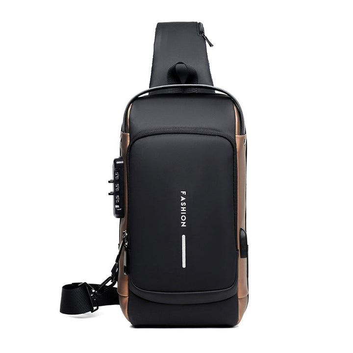 "Unisex stöldskydd bröstväska i svart PU, reflekterande detaljer, framifrån, säker och stilren för dagligt bruk."