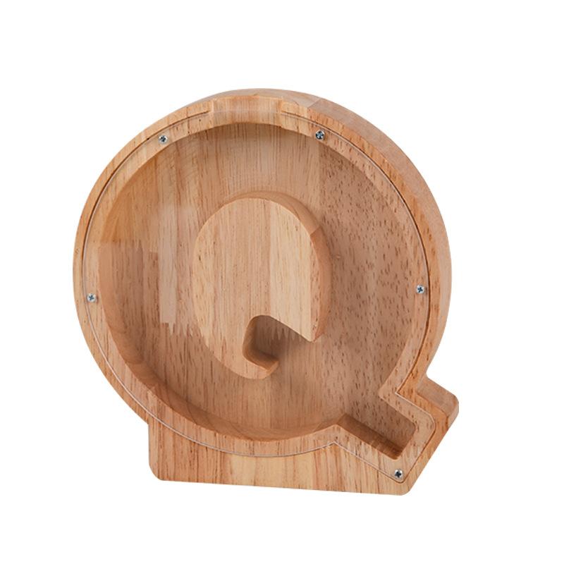 "Unisex trä spargris med bokstavsdesign i ek, miljövänlig och barnsäker, inkluderar alfabetklistermärken för personlig stil."