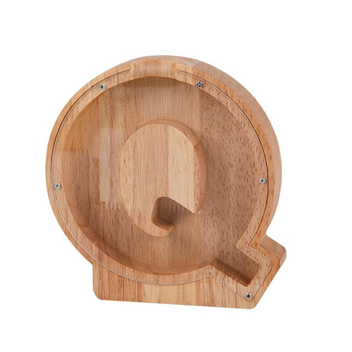 "Unisex trä spargris med bokstavsdesign i ek, miljövänlig och barnsäker, inkluderar alfabetklistermärken för personlig stil."