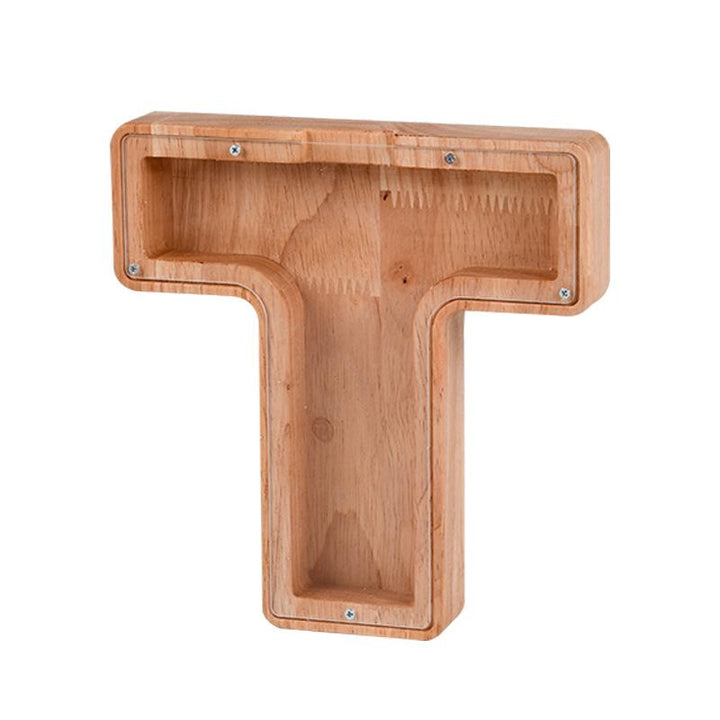 "Unisex trä spargris med bokstavsdesign i ek, miljövänlig och barnsäker, inkluderar alfabetklistermärken för personlig stil."