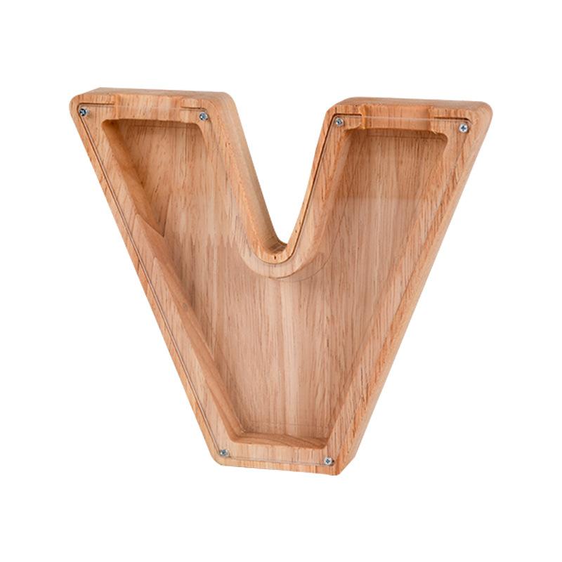 "Unisex trä spargris med bokstavsdesign i ek, miljövänlig och barnsäker, inkluderar alfabetklistermärken för personlig stil."