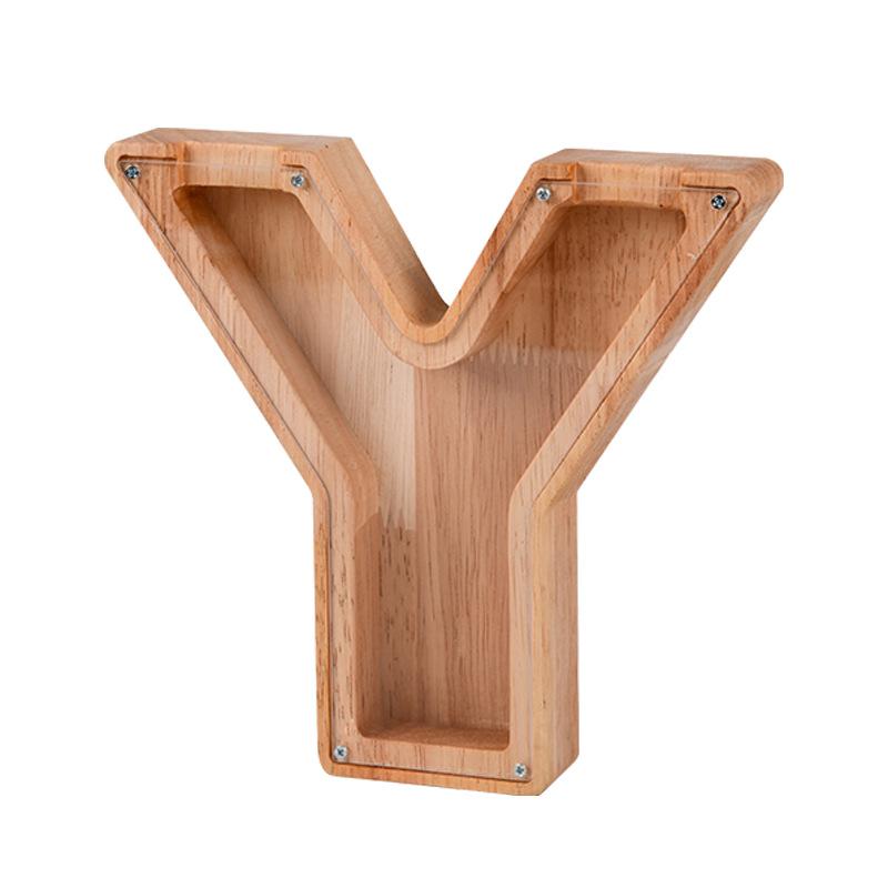 "Unisex trä spargris med bokstavsdesign i ek, miljövänlig och barnsäker, inkluderar alfabetklistermärken för personlig stil."