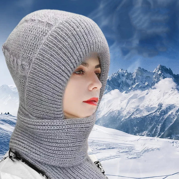 Unisex vindtät mössa och halsduk i varm polyester, stickad design, skyddar ansikte, hals, och öron mot kalla vindar.