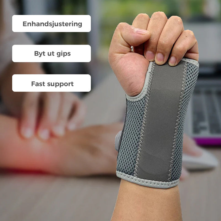 "Unisex vrist stödbandage i grå och svart för sport och träning, med justerbar passform och mikrofibertyg för stöd."