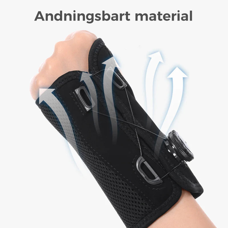 "Unisex vrist stödbandage i grå och svart för sport och träning, med justerbar passform och mikrofibertyg för stöd."