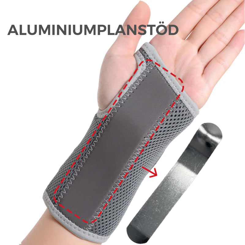 "Unisex vrist stödbandage i grå och svart för sport och träning, med justerbar passform och mikrofibertyg för stöd."