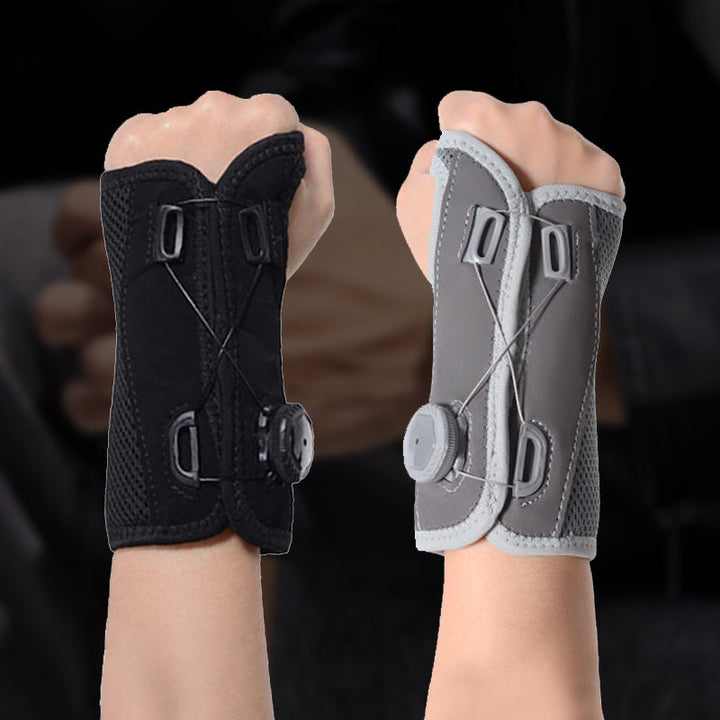 "Unisex vrist stödbandage i grå och svart för sport och träning, med justerbar passform och mikrofibertyg för stöd."