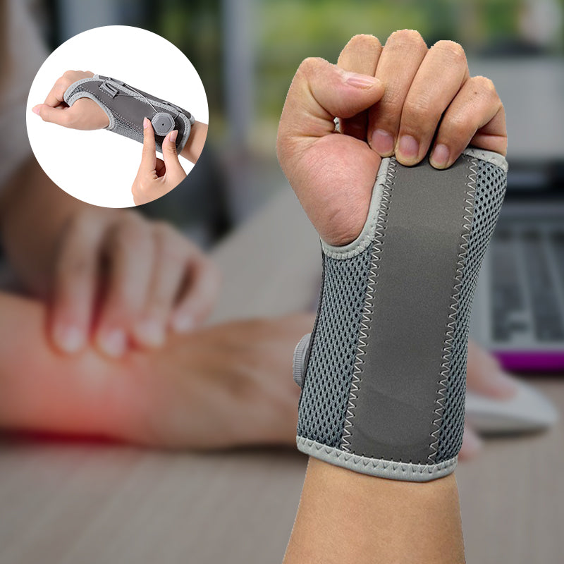 "Unisex vrist stödbandage i grå och svart för sport och träning, med justerbar passform och mikrofibertyg för stöd."