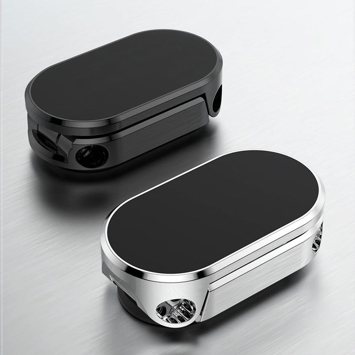 "Universal hopfällbar metall mobilhållare för bil, elegant design, starka magneter, svart och silver, passar alla enheter."