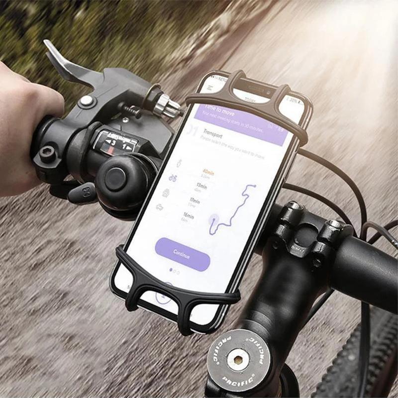 "Universal motorcykelhandtag med 360° rotation, hållbart svart silikon, passar smartphones 4-6 tum för cyklar och mopeder."