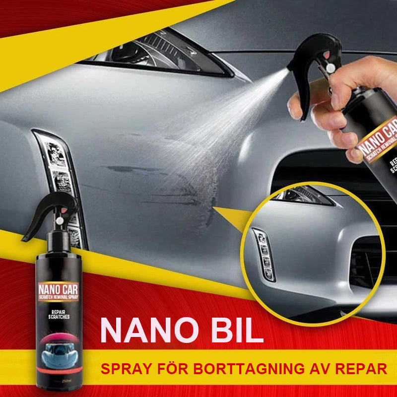 "Universal nano bil repa borttagningsspray, flaska med blå etikett, enkel applicering för bilreparationer och skydd."