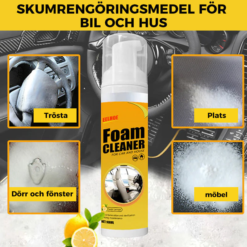 "Universal skumrengöringsspray för bilar, effektiv och snabb, rengör invändiga ytor med skumteknik, UV-skydd ingår."