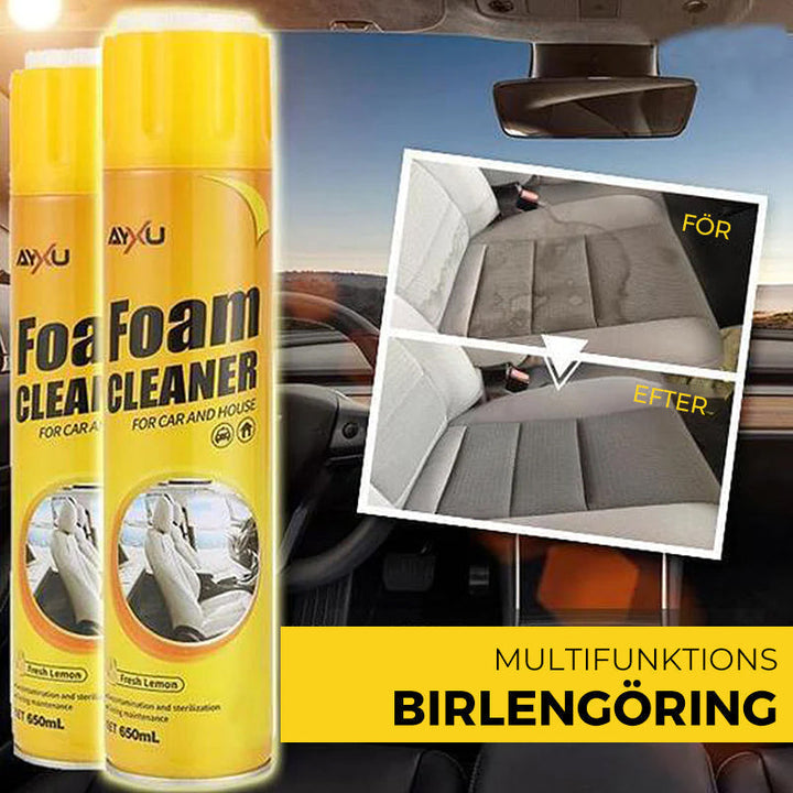 "Universal skumrengöringsspray för bilar, effektiv och snabb, rengör invändiga ytor med skumteknik, UV-skydd ingår."