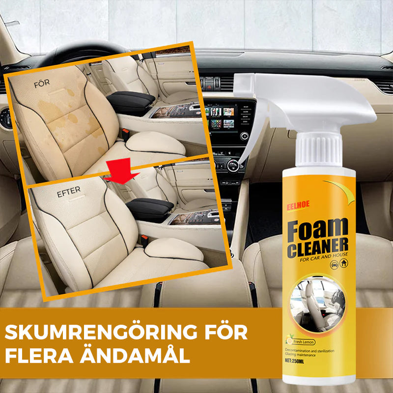 "Universal skumrengöringsspray för bilar, effektiv och snabb, rengör invändiga ytor med skumteknik, UV-skydd ingår."