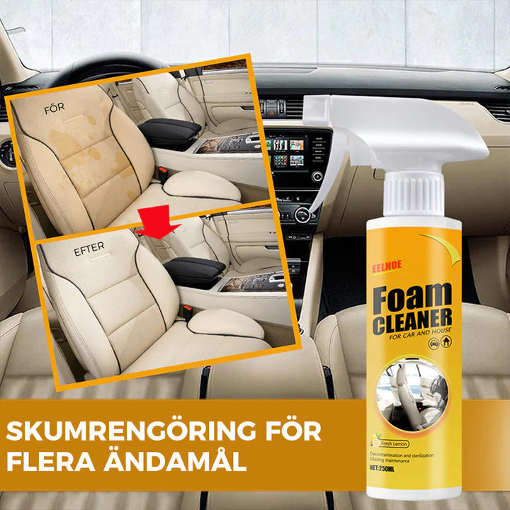"Universal skumrengöringsspray för bilar, effektiv och snabb, rengör invändiga ytor med skumteknik, UV-skydd ingår."
