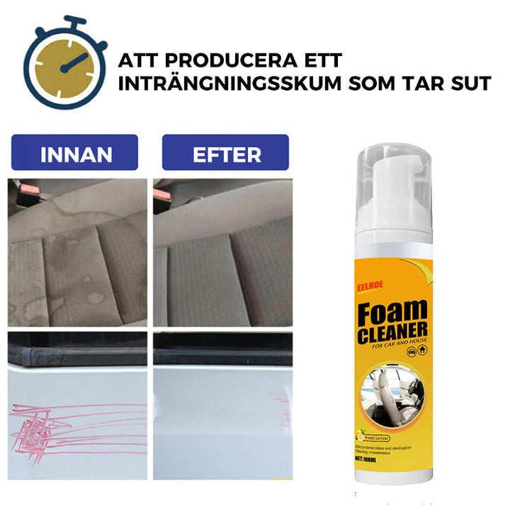 "Universal skumrengöringsspray för bilar, effektiv och snabb, rengör invändiga ytor med skumteknik, UV-skydd ingår."