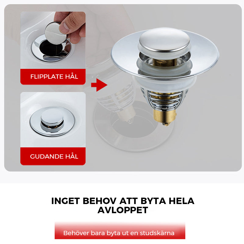 "Universell badrumsavloppspropp i elegant mässing och stål med tryckknapp, silikonringar för säker passform mot smuts."