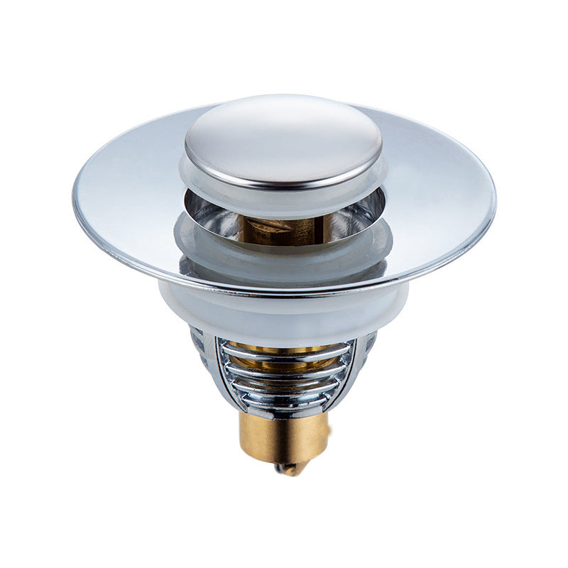 "Universell badrumsavloppspropp i elegant mässing och stål med tryckknapp, silikonringar för säker passform mot smuts."