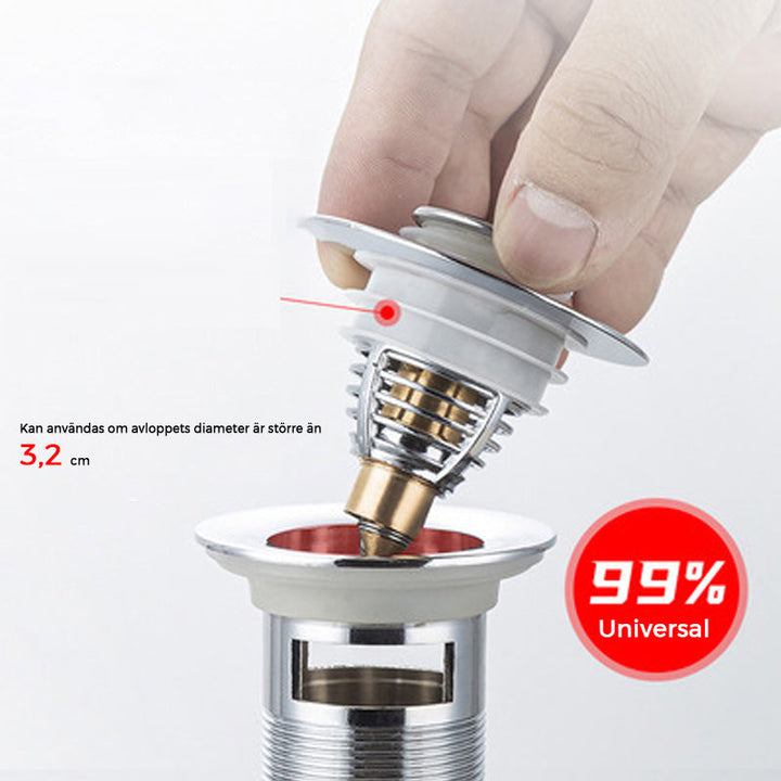 "Universell badrumsavloppspropp i elegant mässing och stål med tryckknapp, silikonringar för säker passform mot smuts."