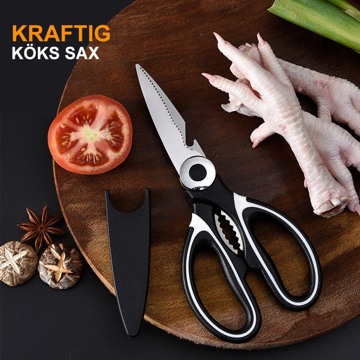 "Universella kökssaxar i svart rostfritt stål, hållbar design, perfekt för kött och grönsaker. Ergonomiskt handtag."
