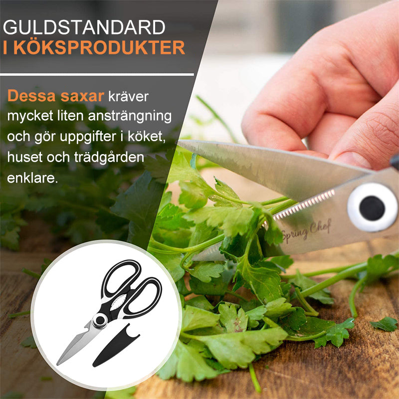 "Universella kökssaxar i svart rostfritt stål, hållbar design, perfekt för kött och grönsaker. Ergonomiskt handtag."