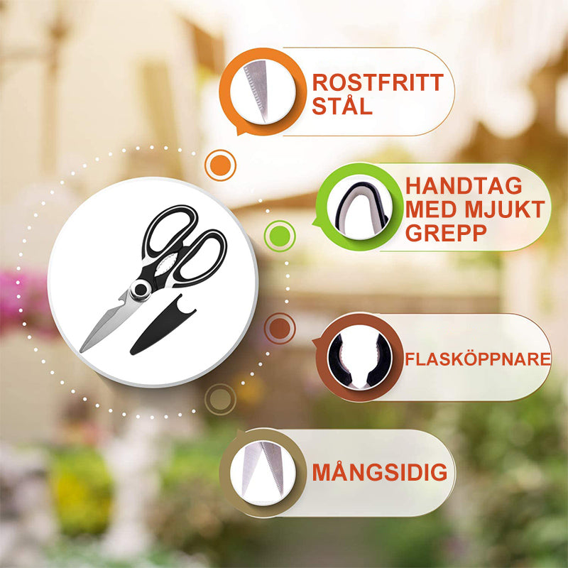 "Universella kökssaxar i svart rostfritt stål, hållbar design, perfekt för kött och grönsaker. Ergonomiskt handtag."